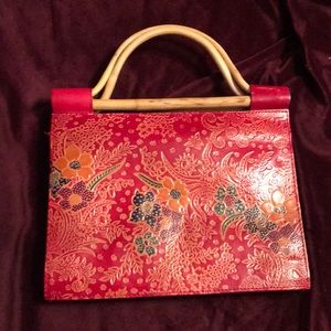 Genuine Leather Hand Painted Wood Handle Purse